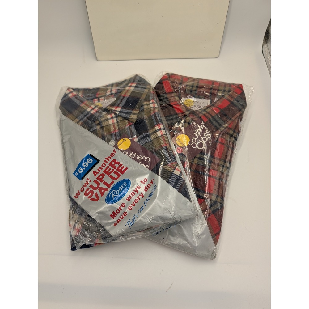 Vintage Southern Classics Mens Plaid Flannel Shirts 2 Pack Red Navy Large NIP